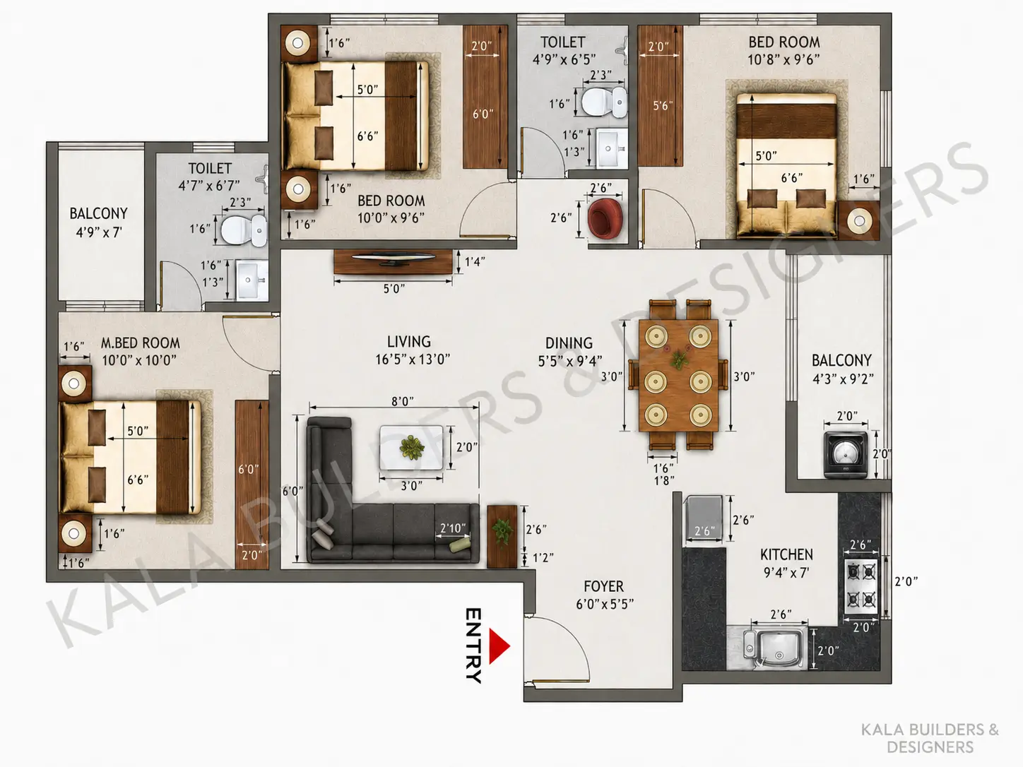 Detailed three-bedroom floor plan by Kala Builders and Designers
